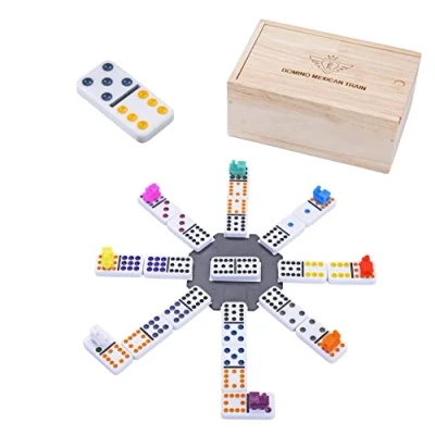 Imagen de Engelhart 250170 Dominó Tren Mexicano D12 Caja Madera 91 Fichas Colores 9 mm + 8 Locomotoras 2 a Jugadores