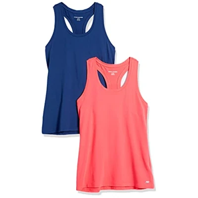 Imagen de Amazon Essentials Camiseta Técnica con Espalda Deportiva en Tejido Elástico (Disponible Tallas Grandes) Mujer, Pack de 2, Azul/Rosa Coral, XS