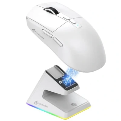 Imagen de ATTACK SHARK X6 ratón SUPERLIGHT de 49 g con base carga magnética, sensor juegos PixArt PAW3395, para inalámbrico/con cable BT/2.4G, 26000 DPI, ratones oficina mejorados (blanco)
