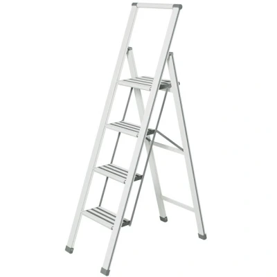 Imagen de WENKO Escalera plegable en diseño de Aluminio 4 peldaños, blanca Haushaltsleiter, recubierto, 44 x 153 5.5 cm, Blanco