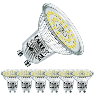 Imagen de EACLL Bombillas LED GU10 Luz Blanca de Día 5000K, 6.5W Equivalente 100W Halógena, Pack 6, Focos Sin Parpadeo AC 230V, 790 Lúmenes 120 Spotlight, Lámparas Reflectoras Más Cortas no Regulables