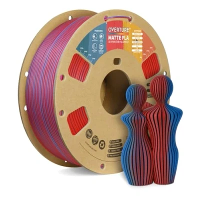 Imagen de OVERTURE Mate PLA de 1,75 mm Dual Color Filamento, Bobina Cartón 1 kg en rollo (2,2 libras), Precisión dimensional +/ 0.02 mm(Mate Azul Rojo)