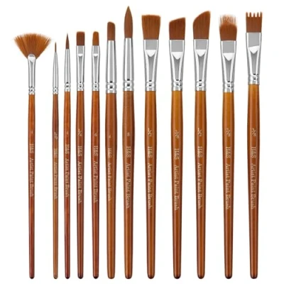 Imagen de H&amp;S Set Pinceles para Pintura Acrilica y Oleo 12uds Pincel Profesional Acrilico de Punta Plana Redonda con Pelo Sintético