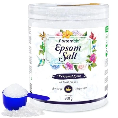 Imagen de Nortembio Sal de Epsom 800 g. Fuente Concentrada Magnesio Natural. Baño 100% Pura, sin Aditivos. Relajación Muscular y Buen Sueño. E Book Incluido.