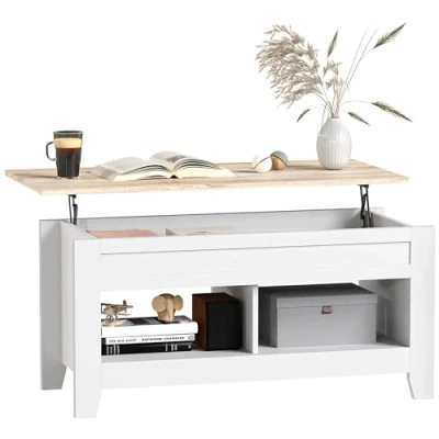 Imagen de HOMCOM Mesa de Centro Elevable Café con Encimera 2 Compartimentos Abiertos y Espacio Oculto Almacenaje 105x50x49 cm Blanco Natural