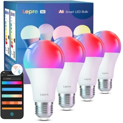 Imagen de Lepro B2 AI Bombilla LED Inteligente, E27 WiFi 10W 1100LM Regulable RGB LLM, Compatible con Alexa y Google Home, Control por Voz/APP, Sync de Música, Iluminación Generada AI, 2Pcs