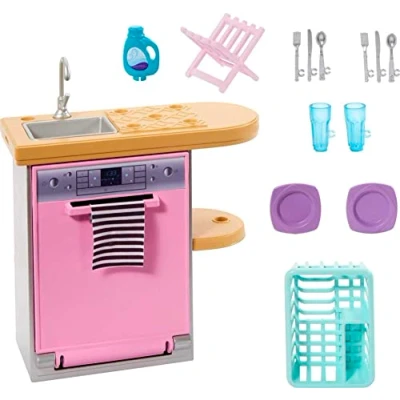 Imagen de Barbie Paquete de muebles y accesorios, decoraci n casa mu ecas Barbie, tema lavavajillas, tareas cocina limpieza, juguetes para ni os regalos