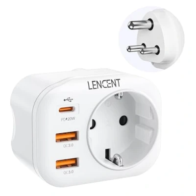 Imagen de LENCENT Adaptador Enchufe India, India Viaje con Carga Rápida QC3.0+PD20W, Europa España Portugal 2 Pin a 3 IN para Sri Lanka, Nepal, Níger, Líbano, Ghana, Myanmar, Senegal, Tipo D