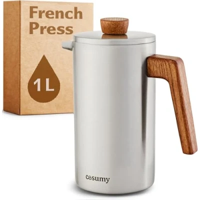 Imagen de Cosumy Cafetera Francesa 1L e Acero Inoxidable y Madera De Roble Sostenible Para 5 tazas 2 Filtros adicionales doble pared aislada
