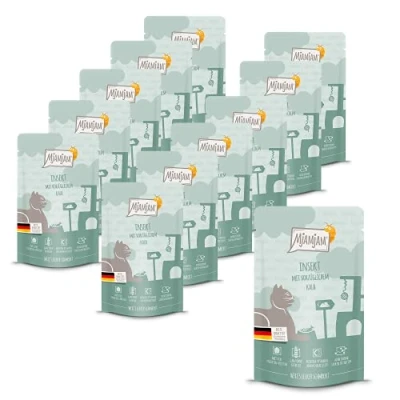 Imagen de MjAMjAM comida húmeda premium para gatos Quetschie insecto con excelente pantorrilla, pack de 12 (12 x 125 g), sin cereales proteína insectos