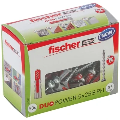 Imagen de fischer DUOPOWER 5 x 25 S PH, 50 tacos y tornillos para pared universales con tornillo de cabeza plana, 2 componentes, taco plástico fijación en hormigón, ladrillo, piedra, cartón yeso