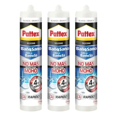 Imagen de Pattex pack de 3 Baño Sano No Más moho, silicona impermeable resistente al blanca duradera para cocina y baño, sanitaria juntas, cartuchos x 280 ml