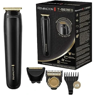 Imagen de Remington Recortadora de Barba T Series, Barbero y Cortapelos con Cable e Inalámbrico, Cuchilla en Forma para Pelo Barba, 9 Peines, 5 Horas Autonomía, 100% Resistente al Agua, MB7050