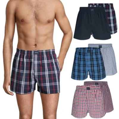 Imagen de Almonu Pack de 3 o 6 calzoncillos tipo bóxer para hombre, algodón, sueltos, holgados, con botones, X Rojo / Marino Cuadros (1 3), XL