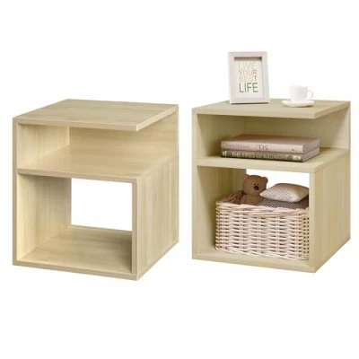 Imagen de EUGAD Juego de 2 Mesilla Noche con Compartimentos Abiertos, Mesita Dormitorio, Mesa Auxiliar Salón, Moderna para Cama, Sofá, 35x35x41,5 cm, Vetas Madera, 0007CTG