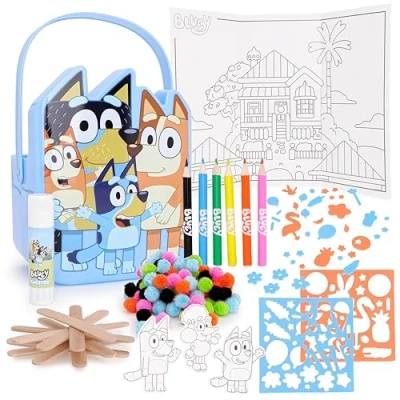Imagen de Toyland® Juego de 28 piezas cubos para manualidades con Bluey: 25 accesorios manualidades, 1 barra pegamento, escena plegable colorear y cubo Juguetes manuali