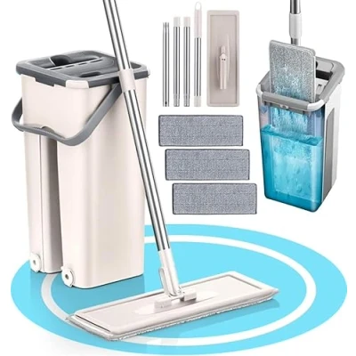 Imagen de Dekohome Mopa Cubo Escurridor con Compartimentos, Cabezal Flexible y Plano Rotación 360. Escurrefacil. Ideal para Limpiar Suelos, Paredes, Techos, Muebles Ventanas, Incluye 3 Recambios