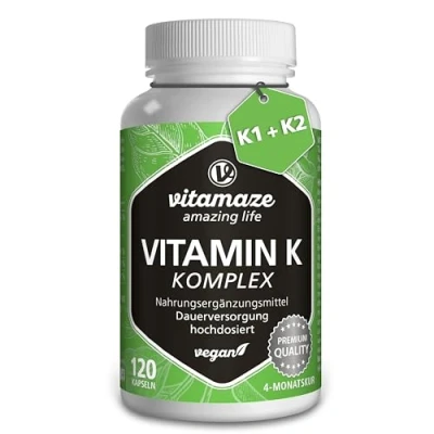 Imagen de Vitamina K Complex 2200 mcg con K2 MK7 + K1 MK4 de Alta Dosis y Vegana, 120 Cápsulas, Mejor Biodisponibilidad, sin Aditivos, Calidad Alemana. Vitamaze®