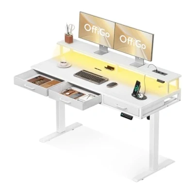Imagen de OffiGo Mesa Elevable Escritorio con Cajones, Soporte para Monitor, 140cm Gaming Carga y Luces LED, Regulable Altura, Blanco