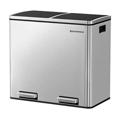 Imagen de SONGMICS cubo de basura, sistema separación residuos con 2 compartimentos, basura para cocina, x 24 L, cierre suave, pedales y asas, color plateado LTB48NL