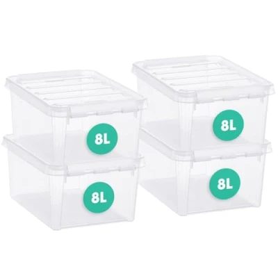 Imagen de SmartStore Cajas de almacenamiento plástico 8 L con tapas, juego 4 unidades, apilables y encajables, aptas para alimentos sin BPA, cierre clip, transparentes, 34 x 25 16 cm
