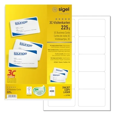 Imagen de SIGEL LP798 Tarjetas de visita, 3C, imprimible, cartas juego en blanco para anotar, 85x55 mm (A4), 225 g, 400 unds, 40 hojas