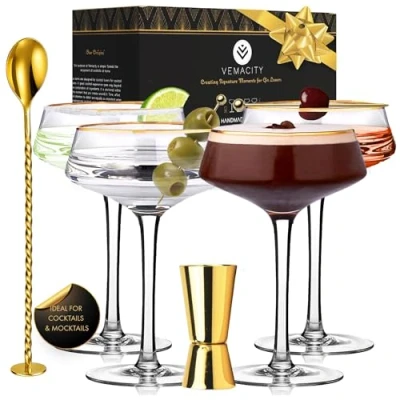 Imagen de Vemacity Juego de 4 Vasos Martini lujo, cóctel soplados a mano con borde dorado, cuchara dorada y medidor grandes + libro electrónico recetas