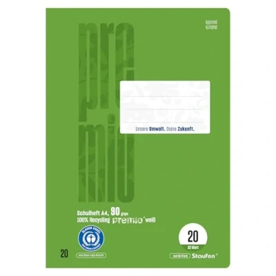 Imagen de Staufen premio Cuaderno escolar 2 cuadernos de 32 hojas cada uno, DIN A4, líneas 20 (en blanco), papel reciclado 90 g/m², esquinas redondeadas para evitar orejas burro