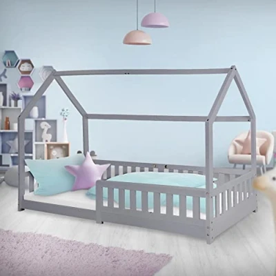 Imagen de ML Design Cama Infantil 90x200cm con Reja Protectora Techo y Somier Estructura Listones de Madera Pino Maciza Color Gris Claro Diseño Creativo Mueble Dormitorio Mobiliario Casa para Niños