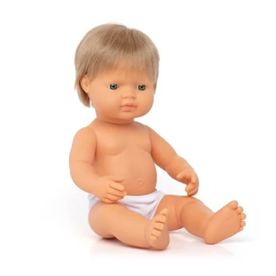 Imagen de Miniland Dolls: Muñeco bebé Caucásico Niño con Pelo Rubio Oscuro de Vinilo Suave 38cm. Presentado en Bolsa Transparente (31229)