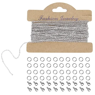 Imagen de LUOGE Collar de cadena cable chapado en plata 33 pies con 20 cierres langosta y 40 anillos salto para accesorios joyería, fabricación manualidades, (1,5 mm)