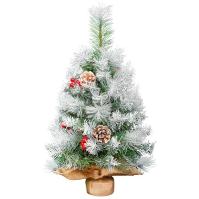 Imagen de Uten Árbol de Navidad Pequeño 60 cm, PVC Mini Artificial, Sobremesa con Efecto Nevado, Piñas Pino Rojo y Base Cemento Arpillera, Decoración Navideña