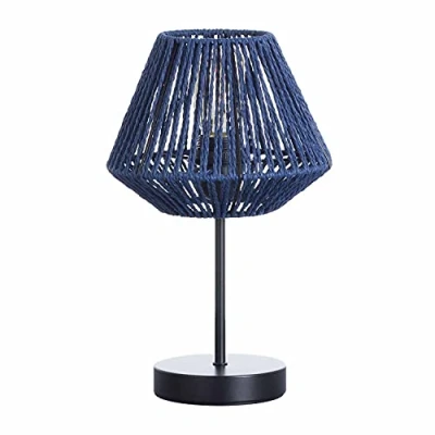 Imagen de Lámpara de Mesa Tulipa Redonda Papel Trenzado Color Natural y Base Metal Negra Modelo Xia 7hSevenOn Deco Moderna Estilo Mediterráneo para Noche o salón 20,5x20,5x34cm