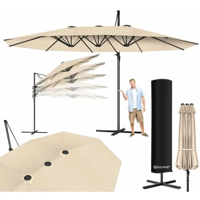 Imagen de KESSER® Sombrilla, 4,6m x 2,7m Sombrilla Cubierta y Protección Contra el Viento, Con Manivela Soporte, Aluminio, Hidrófuga, Inclinable Inclinable, Orientable 360, Beige Sin LED
