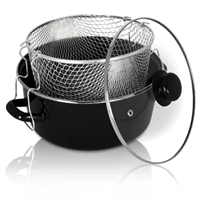 Imagen de KRÜGER olla esmaltada para patatas fritas con borde cromado, colador y tapa de cristal, 24 cm, perfecta conducción del calor, freír fritas, calamares, etc.