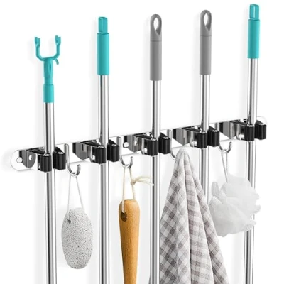 Imagen de Colgador de pared para Escobas y Fregonas, 5 Soportes 4 Ganchos Negros, Acero Inoxidable, con Clavos, Cuelga Pesado Hogar, Cocina, Garajes