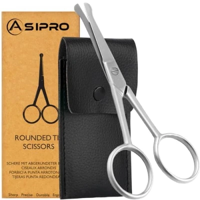 Imagen de ASIPRO Tijeras Punta Redonda 4&quot; Incluidos Funda Nariz Hombre y Mujer Acero Inoxidable para Cejas, Pestañas Oídos Nose Hair Scissors, Rounded Tip Scissors Recortar Bigote, Barba