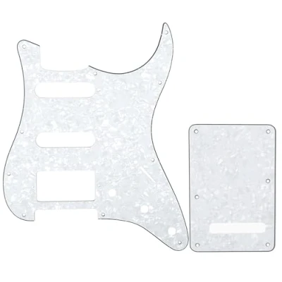Imagen de Musiclily HSS Set de Pickguard Golpeador y Placa Trasera Strat para Fender American/México Standard Stratocaster Estilo Moderno, 4 capas White Pearl