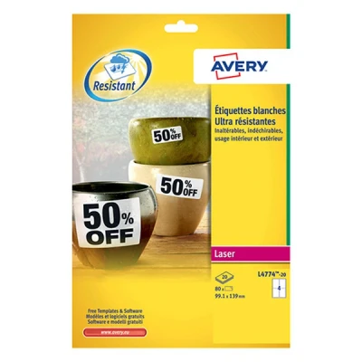 Imagen de Avery L4774 20 Etiquetas multiuso (99.1 x 139 mm, 80 unidades), blanco