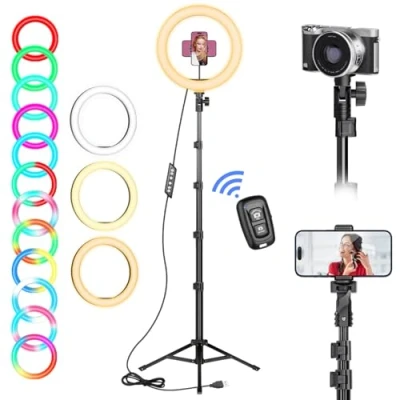 Imagen de Aro de Luz con Tripode, 10&quot; Ring Light Modo RGB y Control Remoto Ideal para Selfies, Vídeos, Fotografías Transmisiones en Directo