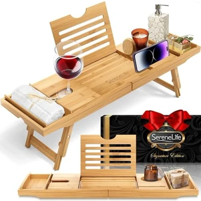 Imagen de SereneLife Bandeja para bañera, Desayuno, Impermeable, Brazos Plegables, Jabonera, Baño, Soporte Copa de Vino, Libro, Movil, Tablet