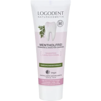 Imagen de LOGODENT Naturkosmetik Gel dental sin mentolio, fórmula de 5 hierbas que actúa contra la inflamación, cuida las encías, aditivos fluoruro sintético, vegano, 1 x 75 ml