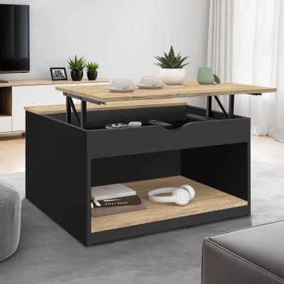 Imagen de IDMarket Mesa baja con bandeja elevable cuadrada ELEA baúl de madera negra y forma haya