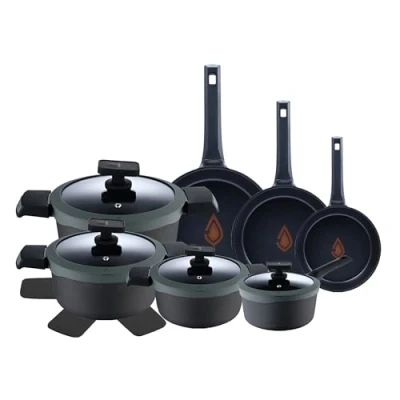 Imagen de MasterPRO Gastro Reeco, Set Jumbo de 11 piezas Antiadherentes, 3 Sartenes 20, 24 y 28 cm, Cacerolas cm Cazo 16 con Tapa Aluminio Fundido Reciclado, Indicador Temperatura