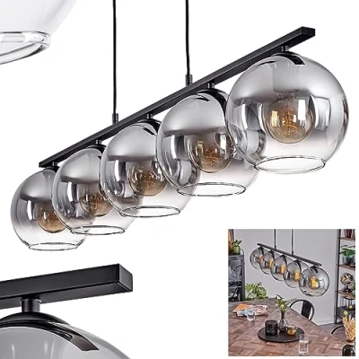 Imagen de lámpara colgante Koyoto, de metal/cristal en color negro/humo/claro, con pantallas cristal (Ø 20 cm), altura máx. 116,5 cm, 5 x E27, bombillas no incluidas