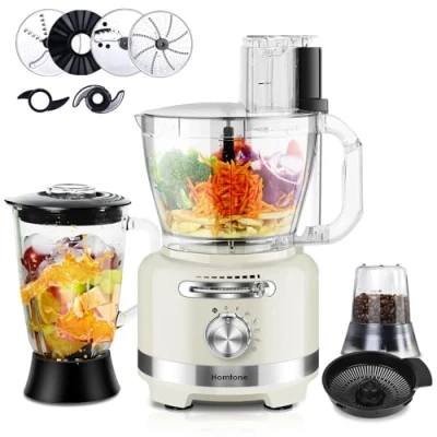 Imagen de Homtone Robot de Cocina y Batidora 1000W, Disco para Cortar, Rallar, Amasar Crema, Accesorios Multifuncionales 10 en 1 Molinillo Café, Exprimidor, Masa, 3.8L, 6 Funciones Prest