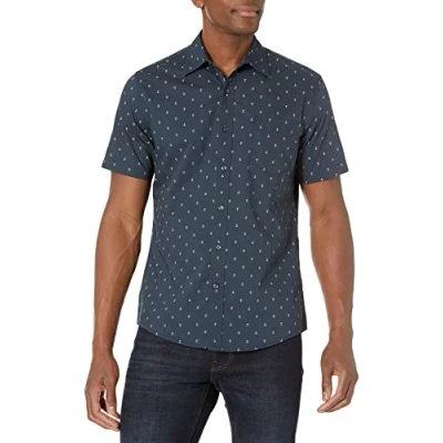 Imagen de Amazon Essentials Camisa de Corte Ceñido con Mangas Cortas, Botones y Estampado Hombre, Azul Marino Blanco Anclas, XS