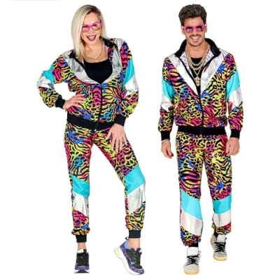 Imagen de Widmann 11770 Chándal de los años 80, chaqueta y pantalones, cómodo llevar, estampado animal, traje correr, estilo retro, fiesta mal gusto, carnaval, multicolor, XXL