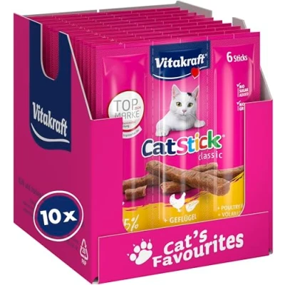 Imagen de Vitakraft Cat Stick Classic, snacks para gatos, mini palitos carnosos con ave e hígado, barritas premio sin azúcares añadidos ni cereales, en formato de pack (10 x 6 6g)