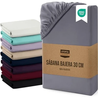 Imagen de Utopia Bedding Sabana Bajera 160x200x30 cm Gris Bolsillo Profundo Microfibra de Poliéster Cepillado (Cama 160)